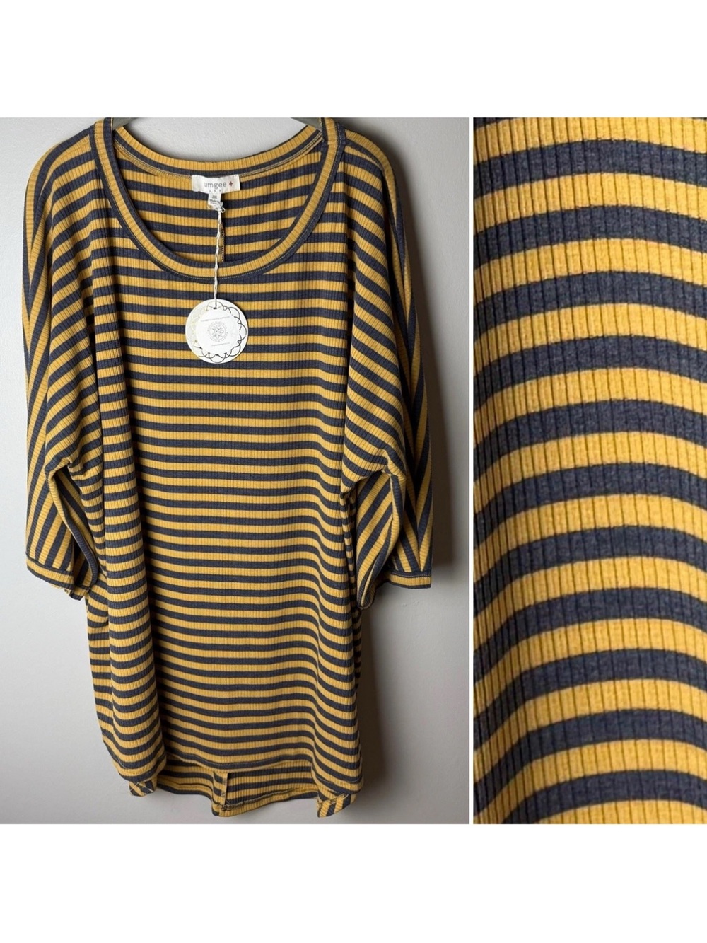 NEW Umgee Tunic Top Size 2XL XXL Ribbed 3/4 Sleeves Relaxed Fit Gold Gray Stripe